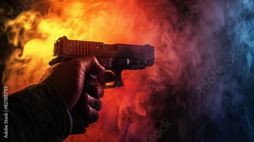 A person is holding a gun in a dark room with smoke