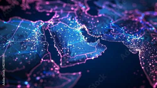 A map of the Middle East is lit up with blue and pink lights photo