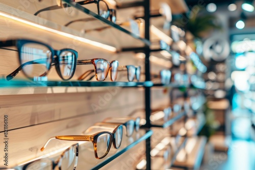 A display of eyeglasses in a store, optician or glasses store