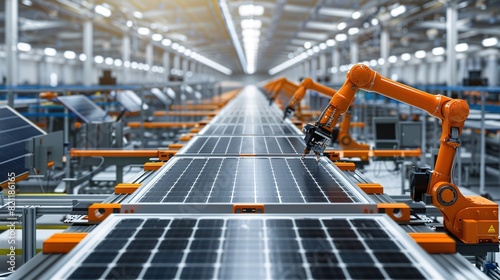 Large Production Line with Industrial Robot Arms at Modern Bright Factory. Solar Panels are being Assembled on Conveyor. Automated Manufacturing Facility