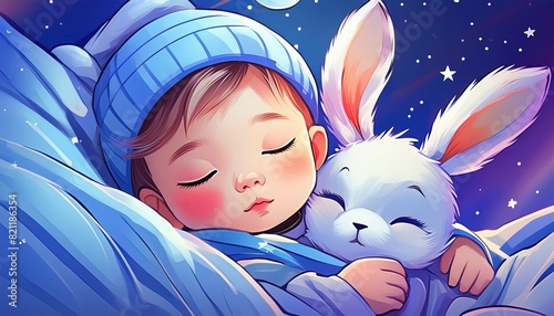 Newborn child sleeping with bunny toy, infant baby boy sleep concept, anime style art, generative AI