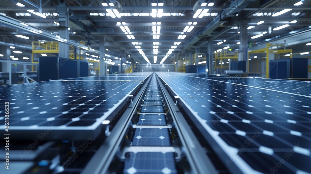 Fototapeta premium Large Production Line with Industrial Robot Arms at Modern Bright Factory. Solar Panels are being Assembled on Conveyor. Automated Manufacturing Facility
