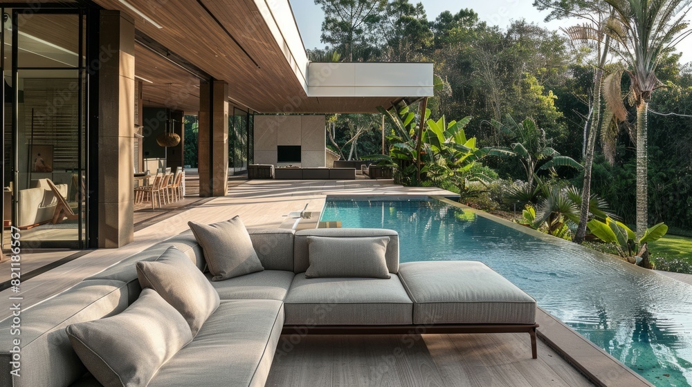 Fototapeta premium sofa, pillows, pool in a quiet and natural environment generative ai