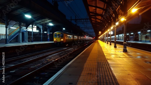 Empty platform at a train station with an approaching electric train.