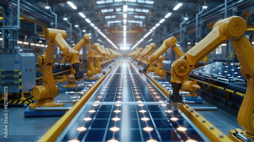 Large Production Line with Industrial Robot Arms at Modern Bright Factory. Solar Panels are being Assembled on Conveyor. Automated Manufacturing Facility