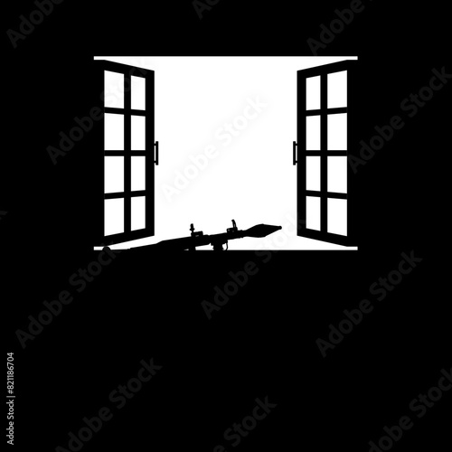 Silhouette of the Bazooka or Rocket Launcher Weapon in the Window, Dramatic War View, can use for Art Illustration, War News, Poster or Graphic Design Element. Vector Illustration