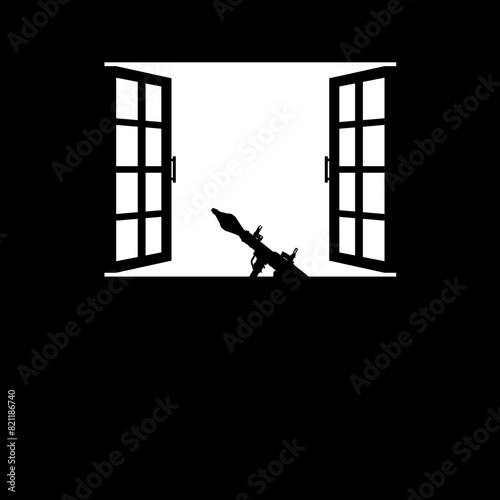 Silhouette of the Bazooka or Rocket Launcher Weapon in the Window, Dramatic War View, can use for Art Illustration, War News, Poster or Graphic Design Element. Vector Illustration