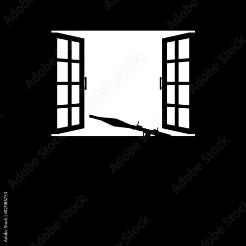 Silhouette of the Bazooka or Rocket Launcher Weapon in the Window, Dramatic War View, can use for Art Illustration, War News, Poster or Graphic Design Element. Vector Illustration