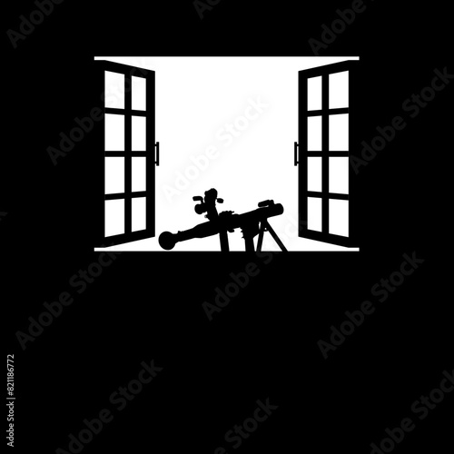 Silhouette of the Bazooka or Rocket Launcher Weapon in the Window, Dramatic War View, can use for Art Illustration, War News, Poster or Graphic Design Element. Vector Illustration