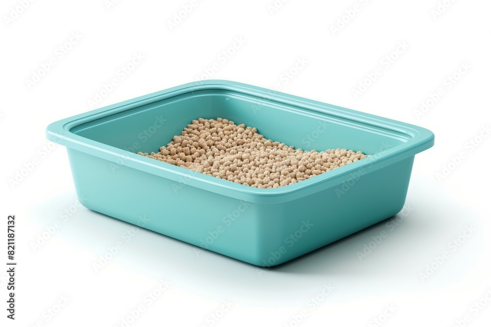 A blue plastic container with cat litter in it A blue plastic container with cat litter in it