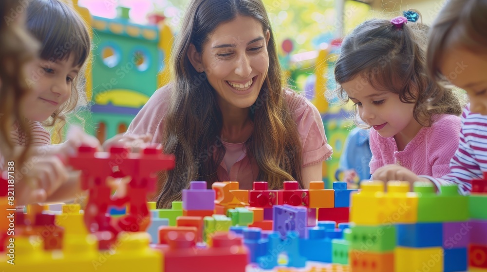 A woman is smiling at a group of children playing with