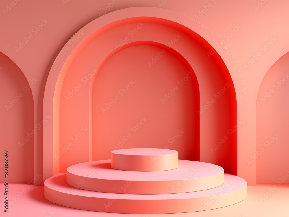 Pink shape of a 3d round pedestal on a pink background Pink shape of a 3d round pedestal on a pink background