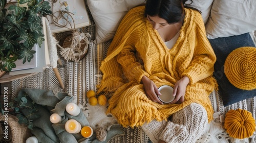 A woman in a yellow sweater sitting on the floor with candles and tea, AI