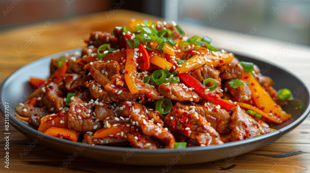 Korean pork stir-fry with bell peppers, green onions, and sesame seeds on a rustic wooden table Korean pork stir-fry with bell peppers, green onions, and sesame seeds on a rustic wooden table