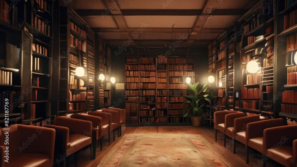 Cozy Library with Dark Wood Bookshelves, Leather Chairs, and Warm Lighting Cozy Library with Dark Wood Bookshelves, Leather Chairs, and Warm Lighting
