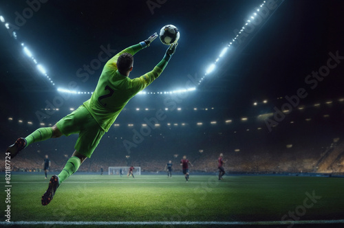 soccer goalkeeper catching a ball during a night game, photo realistic illustration