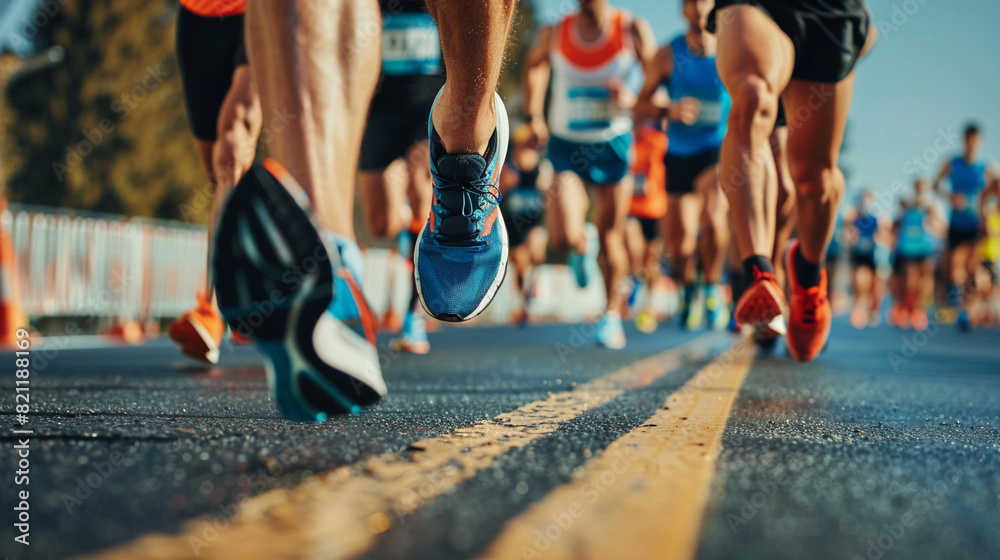 Marathon runners' legs and feet on the road showcasing the determination and vigor of fitness enthusiasts in a competitive race Marathon runners' legs and feet on the road showcasing the determination and vigor of fitness enthusiasts in a competitive race