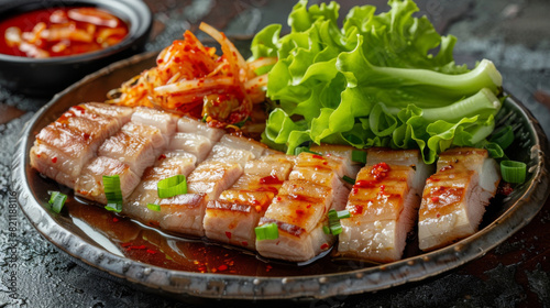 Delicious korean pork belly with spicy flavors, served with fresh lettuce and kimchi on a dark background