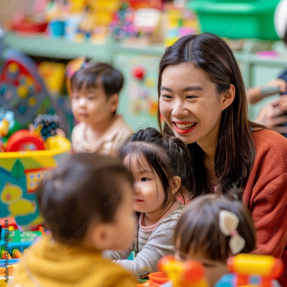 A woman is playing with a child in a room full of toys A woman is playing with a child in a room full of toys