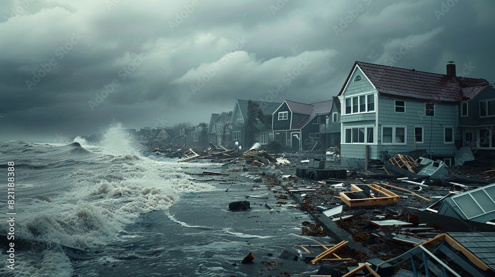 Coastal town battered by a severe hurricane with homes damaged and ...