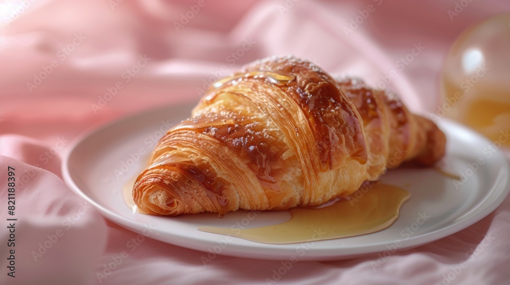 A croissant with honey drizzled on top sits on a white plate A croissant with honey drizzled on top sits on a white plate