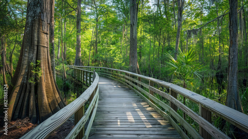 Tranquil wooden walkway curving through a lush swamp filled with towering trees offering a serene route for nature lovers