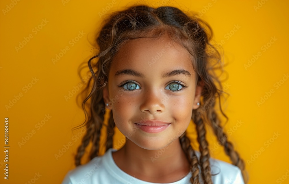 Joyful child with braided hair, beaming in white tee on vibrant yellow backdrop Joyful child with braided hair, beaming in white tee on vibrant yellow backdrop