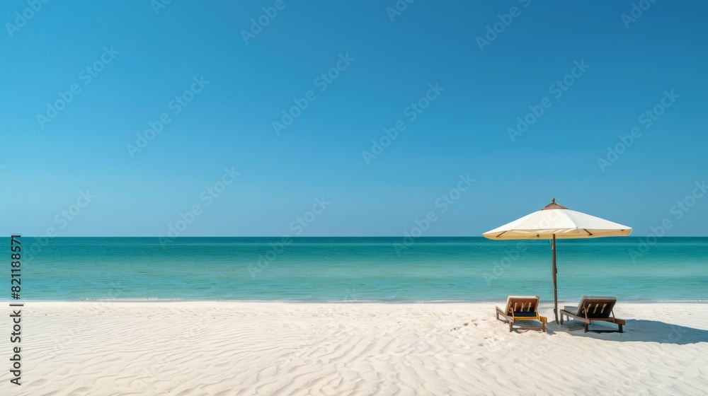 A beach scene with a white umbrella and two beach chairs A beach scene with a white umbrella and two beach chairs