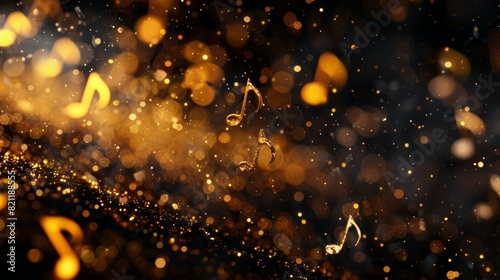 A gold and black background with musical notes scattered throughout