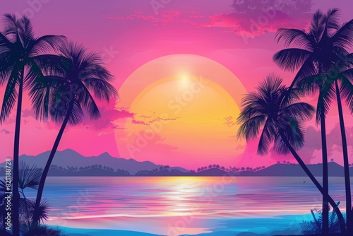 Tropical summer background with palm trees and a sunset sky. In a colorful gradient of pink, blue, orange and purple, with silhouettes of black palm tree outlines. 