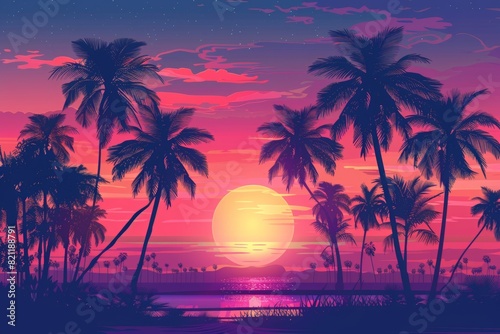 Tropical summer background with palm trees and a sunset sky. In a colorful gradient of pink  blue  orange and purple  with silhouettes of black palm tree outlines. 