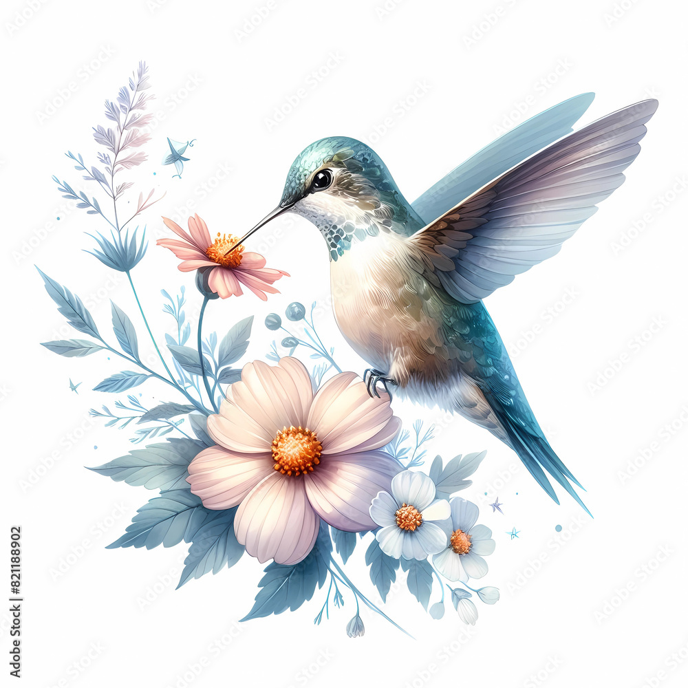 Naklejka premium watercolor painting image of hummingbird and flower