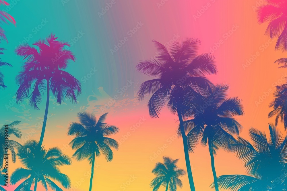 Tropical summer background with palm trees and a sunset sky. In a colorful gradient of pink, blue, orange and purple, with silhouettes of black palm tree outlines. 