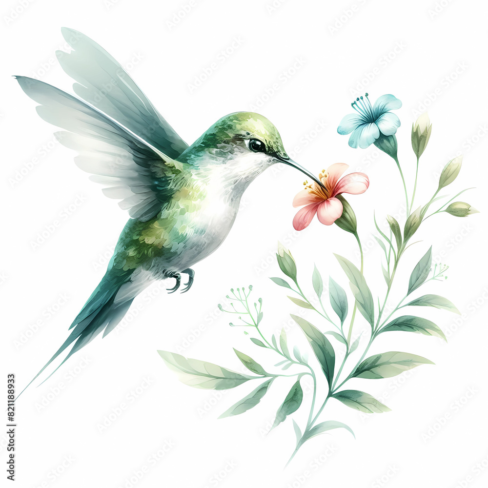 Naklejka premium watercolor painting image of hummingbird and flower 