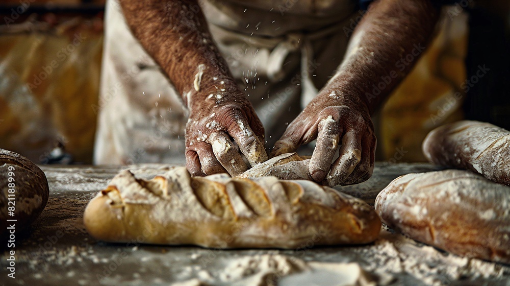 Skilled baker shaping baguettes from dough on floured countertop Skilled baker shaping baguettes from dough on floured countertop