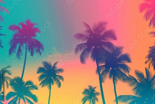Tropical summer background with palm trees and a sunset sky. In a colorful gradient of pink, blue, orange and purple, with silhouettes of black palm tree outlines. 