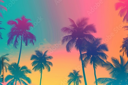 Tropical summer background with palm trees and a sunset sky. In a colorful gradient of pink  blue  orange and purple  with silhouettes of black palm tree outlines. 