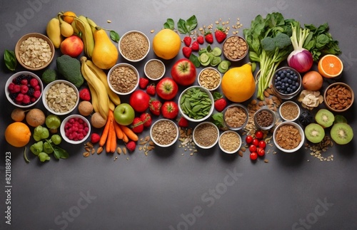 Healthy food clean eating selection: fruit, vegetable, seeds, superfood, cereal, leaf vegetable on gray concrete background