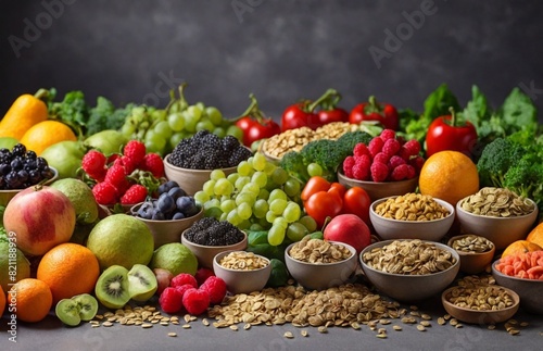 Healthy food clean eating selection: fruit, vegetable, seeds, superfood, cereal, leaf vegetable on gray concrete background