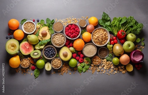 Healthy food clean eating selection: fruit, vegetable, seeds, superfood, cereal, leaf vegetable on gray concrete background