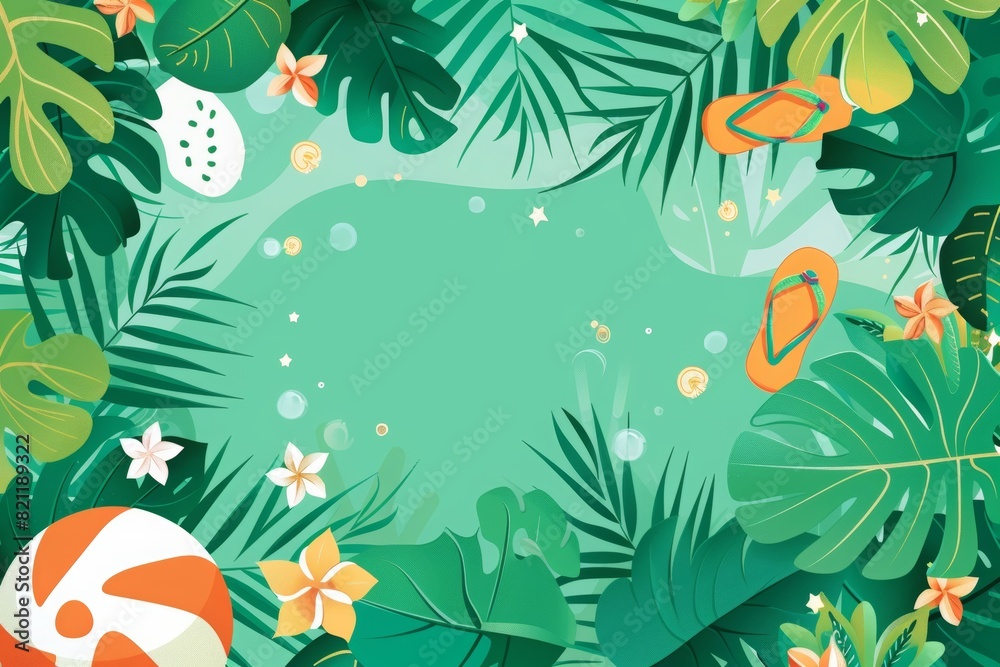 summer sale banner with beach ball, flip flops shoes, sun glasses, tropical leaves and flowers on background, summer theme. Summer promotion poster design for shopping or holiday vacation shop online 