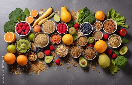 Healthy food clean eating selection: fruit, vegetable, seeds, superfood, cereal, leaf vegetable on gray concrete background