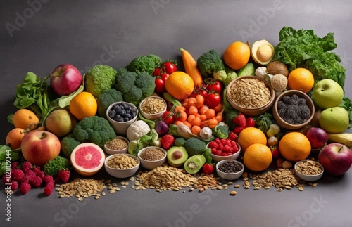 Healthy food clean eating selection: fruit, vegetable, seeds, superfood, cereal, leaf vegetable on gray concrete background