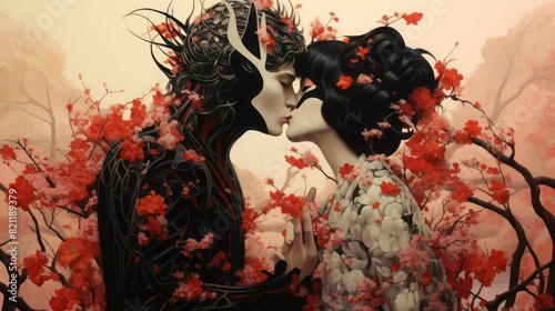 Beautiful Asian couple kissing on red sakura background, interpenetration, yin and yang concept.