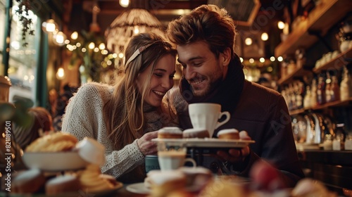 Happy Young Couple Indulging in Fresh Pastries and Coffee at a Charming Bakery Cafe
