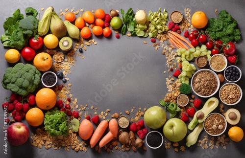 Healthy food clean eating selection: fruit, vegetable, seeds, superfood, cereal, leaf vegetable on gray concrete background