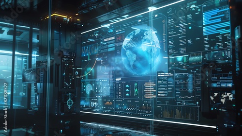 Futuristic control room with transparent futuristic interface showing planet Earth