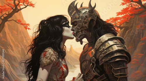 Pretty young woman kisses a man in steel armor and an iron mask, side view, nature background.