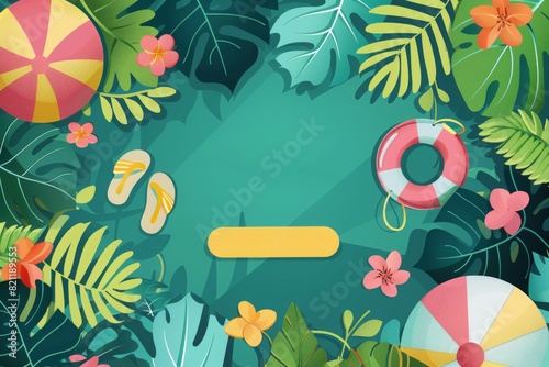 summer sale banner with beach ball, flip flops shoes, sun glasses, tropical leaves and flowers on background, summer theme. Summer promotion poster design for shopping or holiday vacation shop online 
