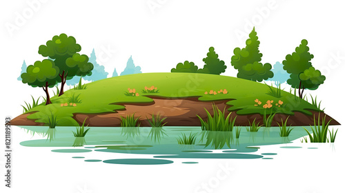 A tiny pond with verdant grass set apart against an entirely white background